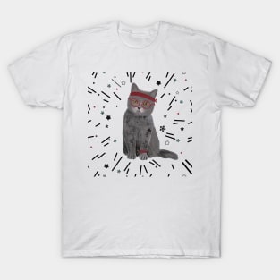 Hand drawn hipster cat with stars pattern T-Shirt